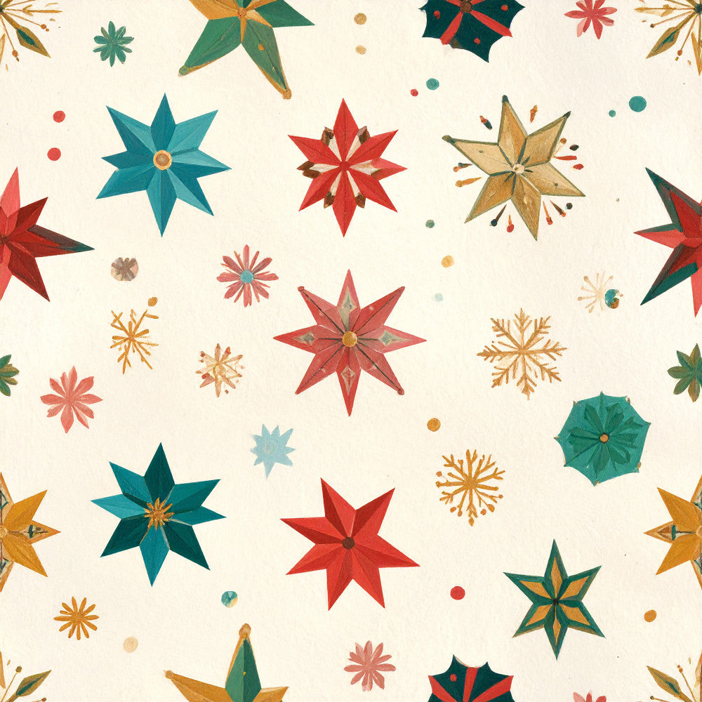 christmas, holiday, festive, red stars, gold snowflakes, teal stars, forest green, cream background, vintage holiday, retro christmas, winter, seasonal, geometric stars, flower motifs, coral pink, mustard yellow, sage green, dark teal, whimsical, traditional christmas, decorative florals, star pattern, snowflake design, holiday decor, nursery, kids room, playroom, winter theme, festive celebration, multi-color
