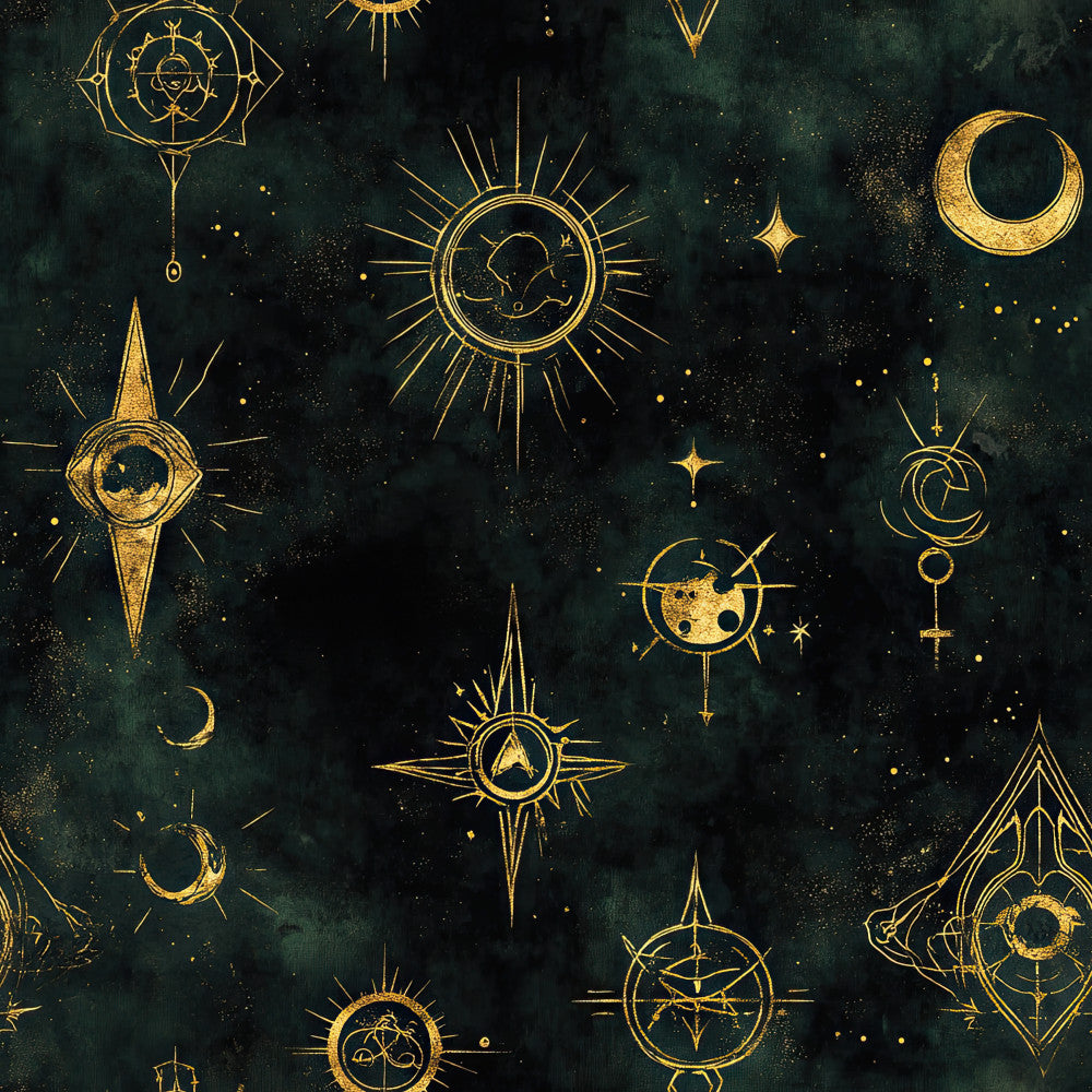 celestial, gold, dark green, forest green, teal, midnight blue, mystical, astronomical, stars, moons, suns, compasses, esoteric, occult, witchy, bohemian, elegant, cosmic, night sky, constellation, spiritual, magical, mystical symbols, golden, luxury, gothic, dark academia, vintage celestial, astronomy, stargazing
