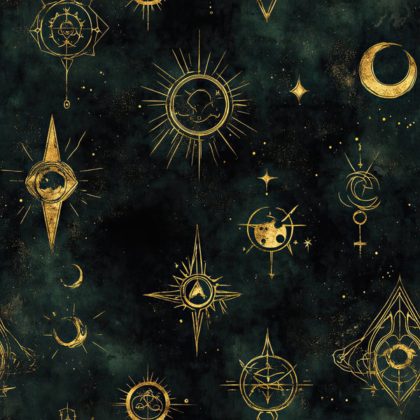 celestial, gold, dark green, forest green, teal, midnight blue, mystical, astronomical, stars, moons, suns, compasses, esoteric, occult, witchy, bohemian, elegant, cosmic, night sky, constellation, spiritual, magical, mystical symbols, golden, luxury, gothic, dark academia, vintage celestial, astronomy, stargazing