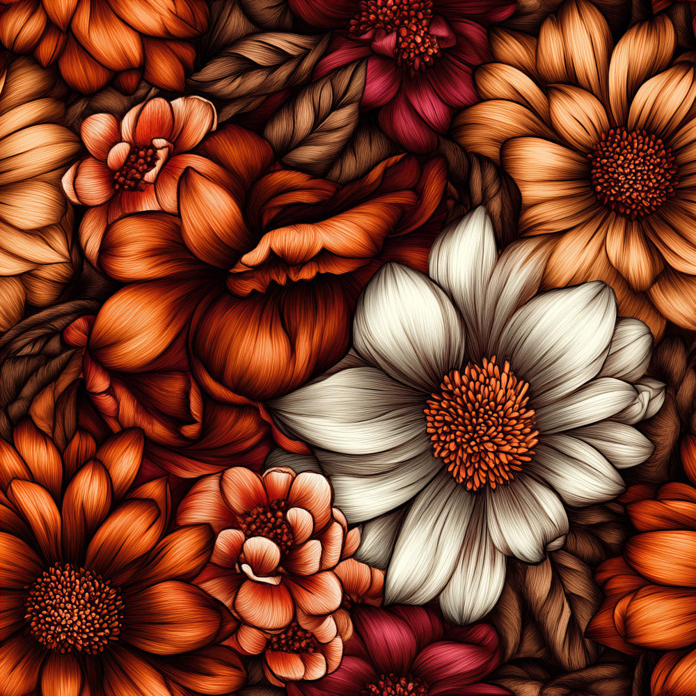 rust orange, burnt orange, terracotta, cream white, deep red, burgundy, warm brown, floral, daisy, chrysanthemum, botanical, nature, autumn, fall, warm tones, earthy, rustic, elegant, traditional, vintage, garden, botanical print, harvest, thanksgiving, seasonal, cozy, detailed, intricate line work, dimensional flowers, realistic florals