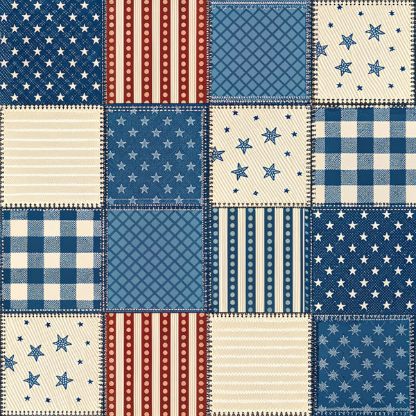 navy blue, cream, red, stars, stripes, plaid, gingham, check pattern, patriotic, americana, nautical, vintage, traditional, rustic, farmhouse, snowflakes, geometric, diamond pattern, dots, celestial, fourth of july, memorial day, patriot theme, classic americana, country style, americana patchwork, mixed patterns, retro, patriotic stars, striped design