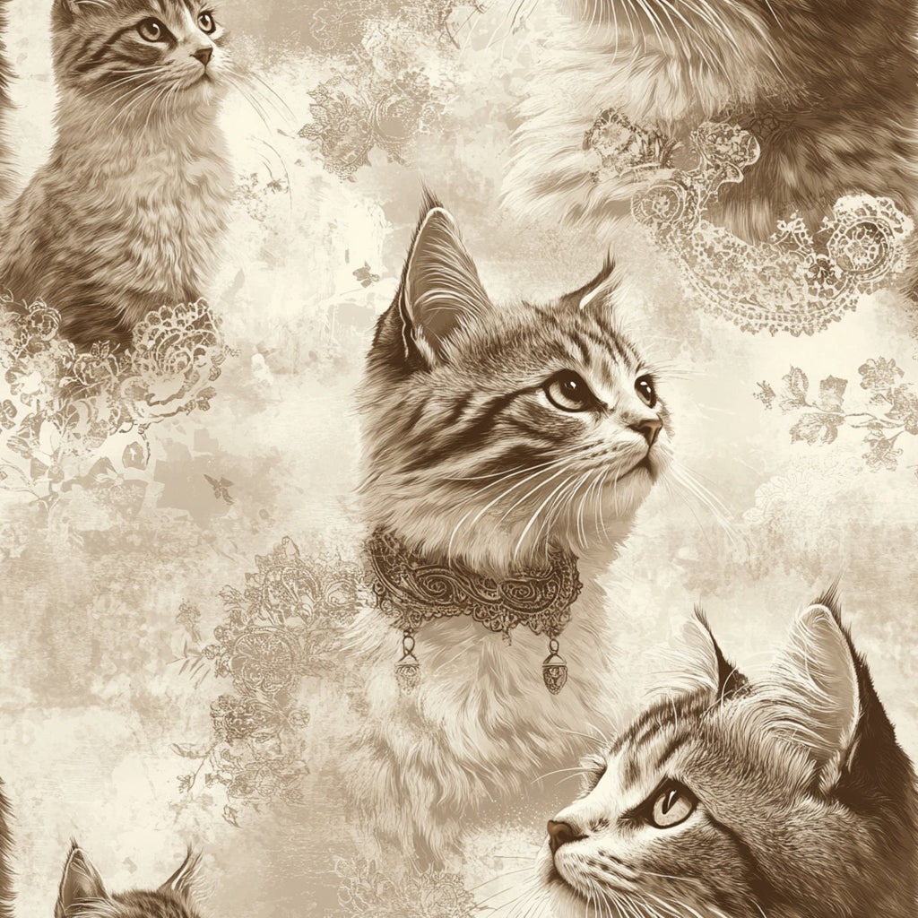 vintage cats, sepia tones, beige, cream, brown, tabby cats, lace patterns, ornate collars,, fabric panel, realistic illustration, detailed artwork, feline portraits, decorative lace, monochromatic design, nostalgic style, pet themed, intricate details, soft colors, vintage aesthetic