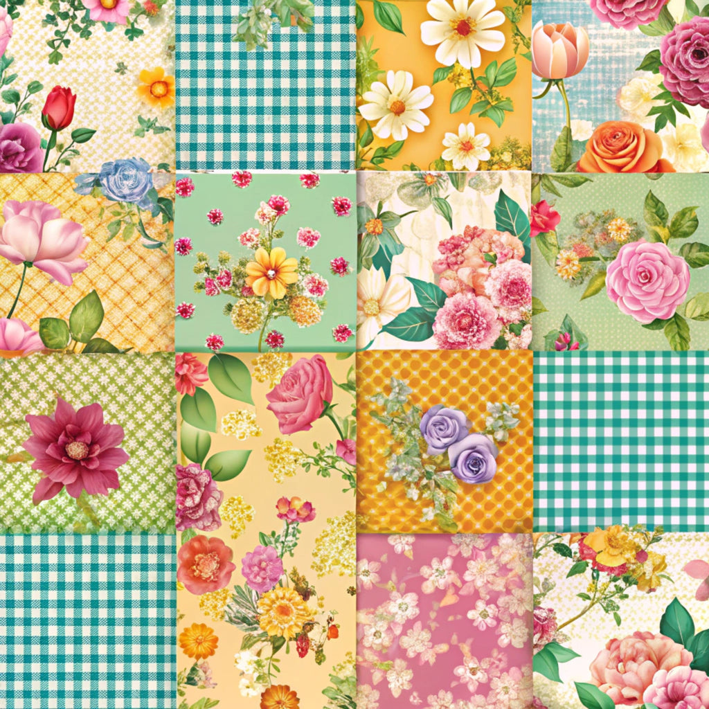 spring patchwork,, fabric panel, floral motifs, roses, daisies, tulips, carnations, gingham checks, polka dots, pink flowers, yellow blooms, orange roses, purple flowers, green leaves, mint green, coral pink, sunny yellow, cottage core, vintage florals, botanical prints, cheerful colors, soft pastels