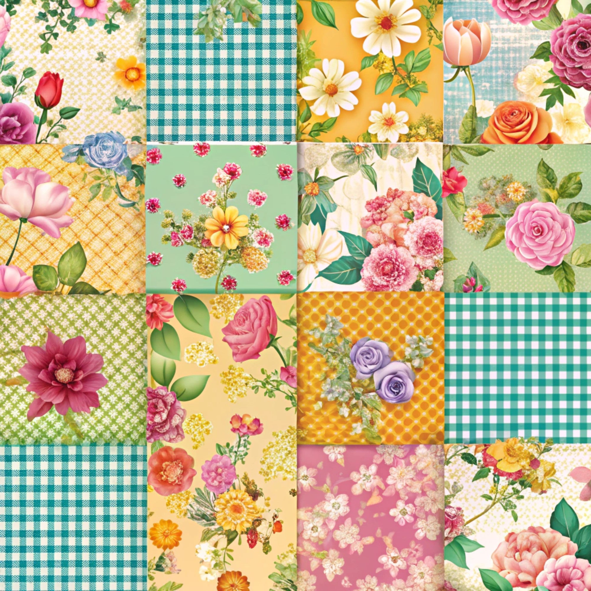 spring patchwork,, fabric panel, floral motifs, roses, daisies, tulips, carnations, gingham checks, polka dots, pink flowers, yellow blooms, orange roses, purple flowers, green leaves, mint green, coral pink, sunny yellow, cottage core, vintage florals, botanical prints, cheerful colors, soft pastels