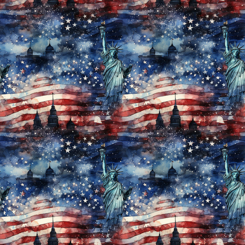 navy blue, red, white, cream, patriotic, american flag, statue of liberty, stars, stripes, grunge texture, watercolor effect, distressed, weathered, vintage style,, fabric panel, repeating pattern, fourth of july, independence theme, americana