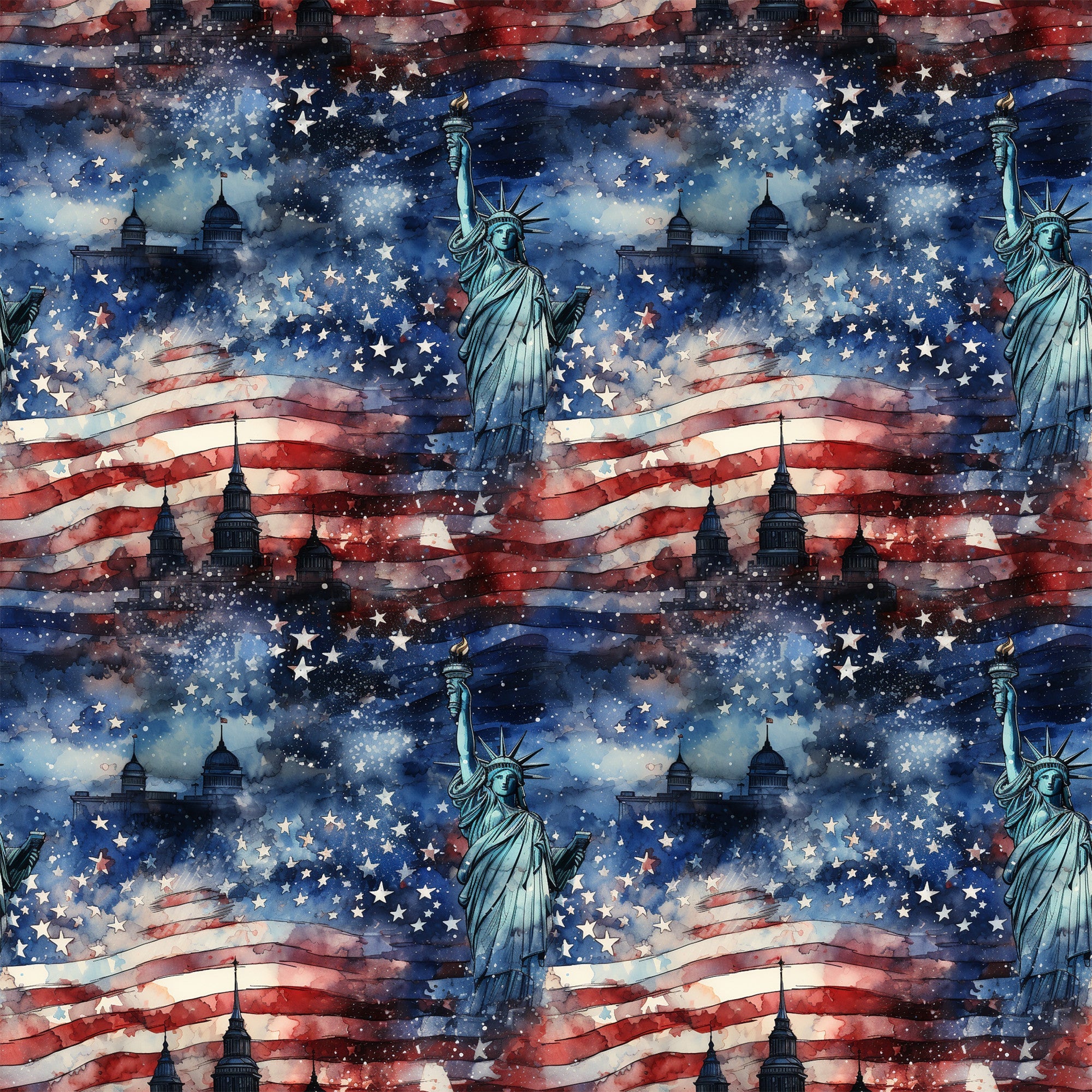 navy blue, red, white, cream, patriotic, american flag, statue of liberty, stars, stripes, grunge texture, watercolor effect, distressed, weathered, vintage style,, fabric panel, repeating pattern, fourth of july, independence theme, americana