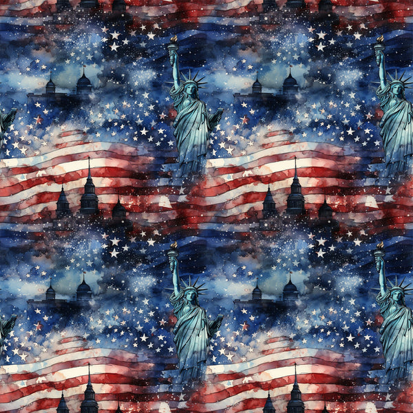 navy blue, red, white, cream, patriotic, american flag, statue of liberty, stars, stripes, grunge texture, watercolor effect, distressed, weathered, vintage style,, fabric panel, repeating pattern, fourth of july, independence theme, americana