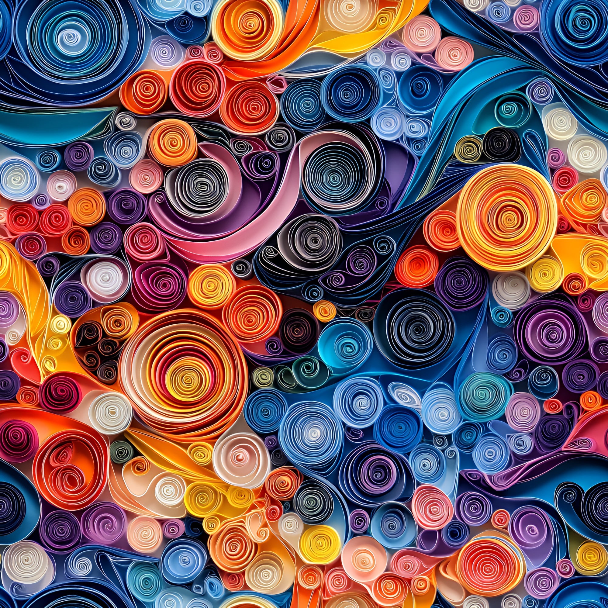 abstract art, paper quilling, spiral patterns, circular motifs, vibrant colors, orange, blue, purple, red, yellow, pink, teal, swirled designs, contemporary style, geometric shapes, colorful spirals,, fabric panel, modern pattern, artistic swirls