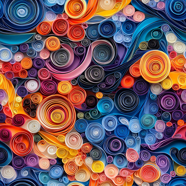 abstract art, paper quilling, spiral patterns, circular motifs, vibrant colors, orange, blue, purple, red, yellow, pink, teal, swirled designs, contemporary style, geometric shapes, colorful spirals,, fabric panel, modern pattern, artistic swirls