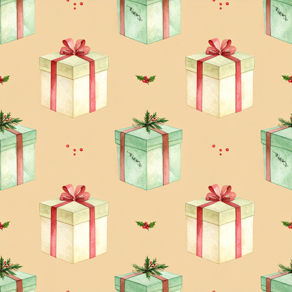 cream, sage green, dusty rose, red, gold, holiday, christmas, gift boxes, presents, festive, winter, decorative bows, holly, berries, elegant, whimsical, vintage, traditional, celebration, seasonal, gift wrapping, beige, mint green, crimson ribbon, holly leaves, red berries, nursery, playroom, kids room, gift theme