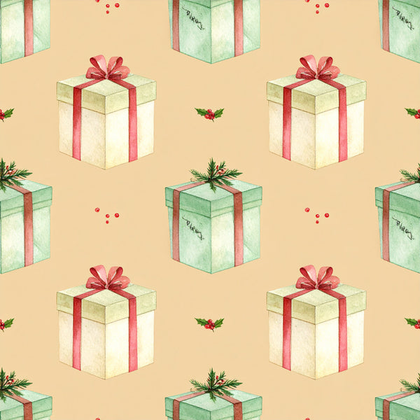 cream, sage green, dusty rose, red, gold, holiday, christmas, gift boxes, presents, festive, winter, decorative bows, holly, berries, elegant, whimsical, vintage, traditional, celebration, seasonal, gift wrapping, beige, mint green, crimson ribbon, holly leaves, red berries, nursery, playroom, kids room, gift theme