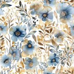blue flowers, gold accents, watercolor style, floral pattern, botanical design, soft pastels, cream background, delicate blooms, leafy stems,, fabric panel, nature motif, feminine design, spring flowers, artistic florals, muted tones, elegant pattern, flowing vines, garden theme