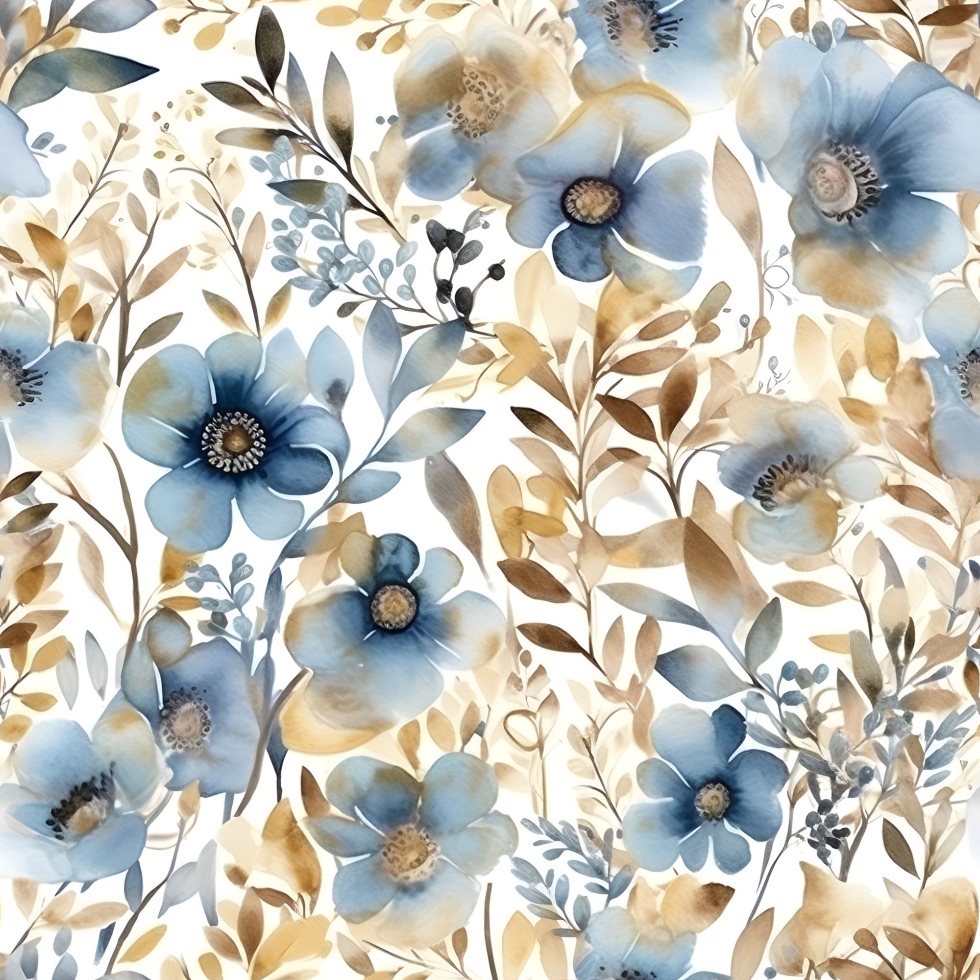 blue flowers, gold accents, watercolor style, floral pattern, botanical design, soft pastels, cream background, delicate blooms, leafy stems,, fabric panel, nature motif, feminine design, spring flowers, artistic florals, muted tones, elegant pattern, flowing vines, garden theme