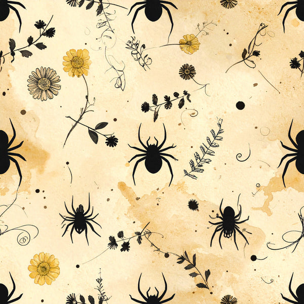 cream, beige, tan, gold, yellow, black, vintage, botanical, spiders, flowers, daisies, daisy, floral, nature, whimsical, autumn, fall, halloween, creepy, gothic, dark academia, witchy, celestial, insects, delicate, elegant, rustic, antique, storybook, fairytale
