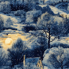 winter landscape, snowy scene, dawn light, golden sun, bare trees, snow-covered hills, cottage house,, fabric panel, blue tones, cream colors, golden yellow, swirling clouds, peaceful scenery, nature scene, cold season, artistic illustration, textile design, crafting material