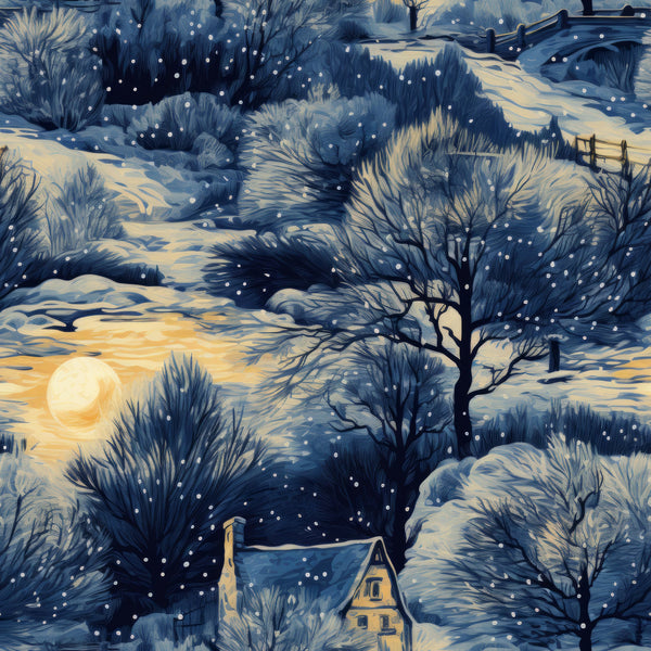 winter landscape, snowy scene, dawn light, golden sun, bare trees, snow-covered hills, cottage house,, fabric panel, blue tones, cream colors, golden yellow, swirling clouds, peaceful scenery, nature scene, cold season, artistic illustration, textile design, crafting material