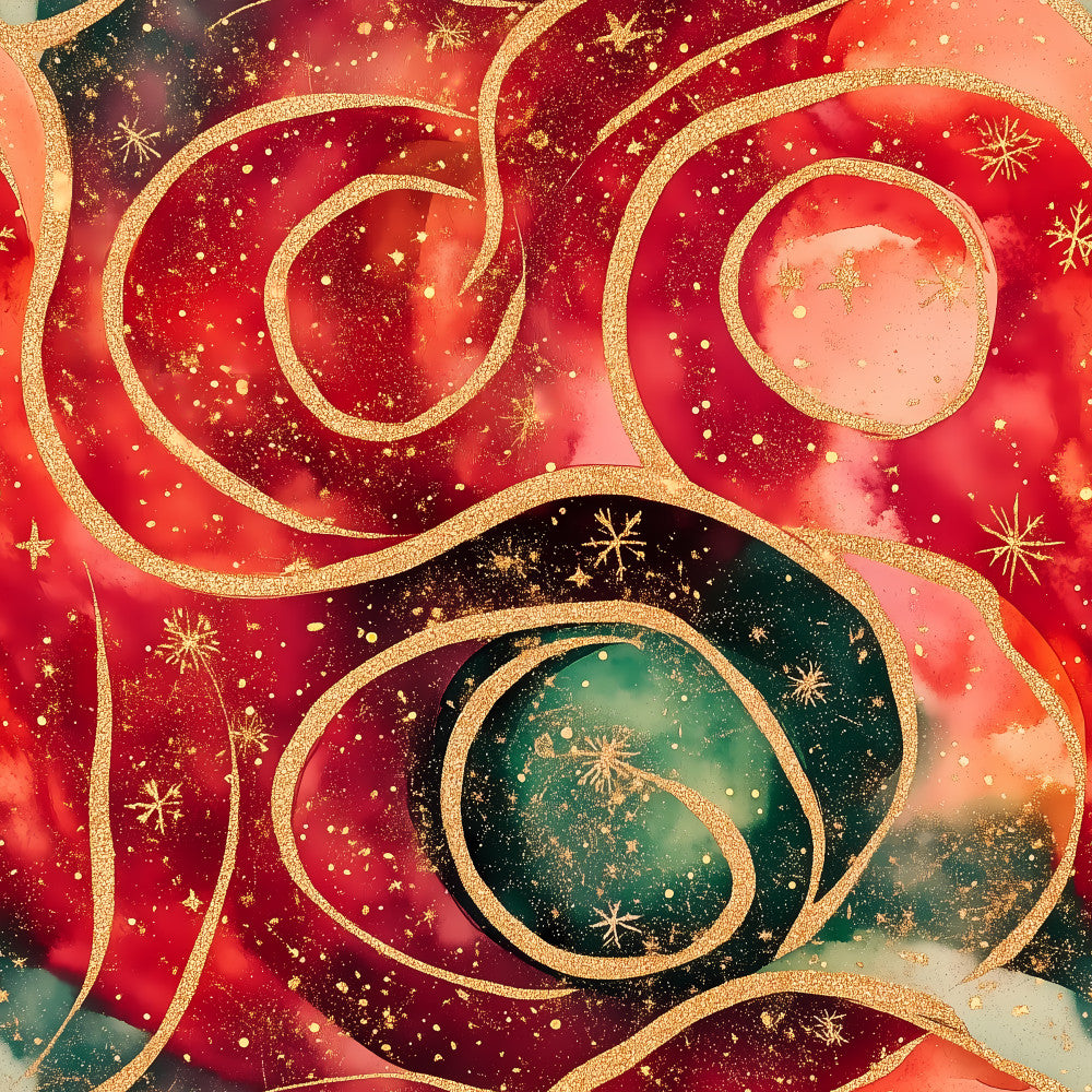 red, crimson, deep red, forest green, teal, gold, metallic gold, christmas, holiday, festive, snowflakes, stars, elegant, luxurious, glamorous, geometric, abstract, ornamental, celestial, winter, seasonal, contemporary, rich colors, decorative, sparkle, shimmer, dimensional, festive decor, holiday themed, christmas themed