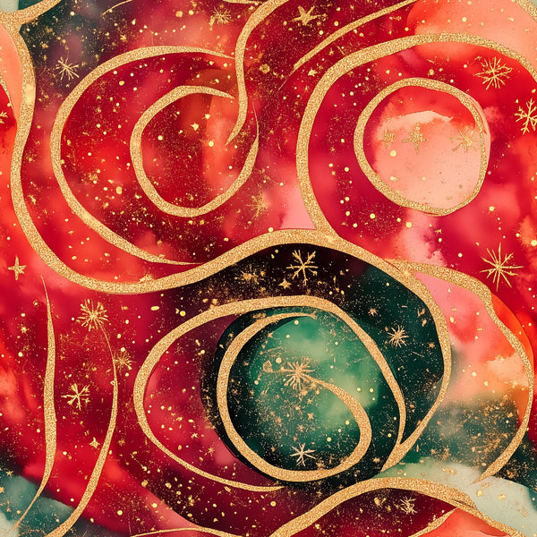 red, crimson, deep red, forest green, teal, gold, metallic gold, christmas, holiday, festive, snowflakes, stars, elegant, luxurious, glamorous, geometric, abstract, ornamental, celestial, winter, seasonal, contemporary, rich colors, decorative, sparkle, shimmer, dimensional, festive decor, holiday themed, christmas themed