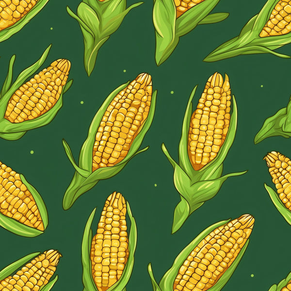 corn pattern, sweet corn, yellow kernels, green husks, golden yellow, forest green, vegetable motif, farm theme, harvest design, agricultural pattern,, fabric panel, repeating pattern, botanical illustration, food pattern, summer crop, corn cobs, rural theme, garden vegetables, kitchen fabric