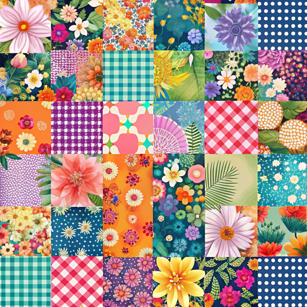 spring patchwork,, fabric panel, floral motifs, geometric patterns, gingham checks, polka dots, bright colors, pink flowers, orange blooms, purple daisies, yellow blossoms, teal backgrounds, navy blue, coral pink, lime green, botanical designs, mixed patterns, cheerful mood, crafting fabric