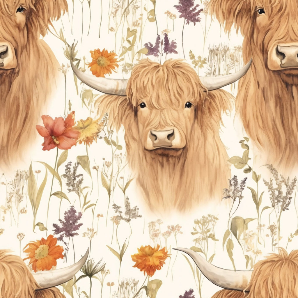 highland cows, golden brown, cream background, floral pattern, wildflowers, orange blooms, purple flowers, botanical elements, farm animals, shaggy fur, horned cattle, rustic charm, country style,, fabric panel, pastoral scene, meadow flowers, warm tones, agricultural theme, bovine portraits