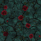 deep teal, forest green, burgundy red, dark red roses, red flowers, floral pattern, climbing vines, scrolling vines, vintage floral, romantic, elegant, gothic, dark academia, botanical, nature, garden, traditional, ornate, decorative, rose motifs, leaf details, timeless, classic, sophisticated, moody, jewel tones, dramatic, Victorian, romantic botanical