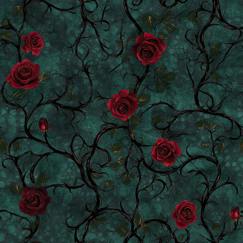 deep teal, forest green, burgundy red, dark red roses, red flowers, floral pattern, climbing vines, scrolling vines, vintage floral, romantic, elegant, gothic, dark academia, botanical, nature, garden, traditional, ornate, decorative, rose motifs, leaf details, timeless, classic, sophisticated, moody, jewel tones, dramatic, Victorian, romantic botanical