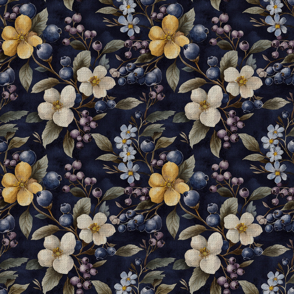 navy blue, cream white, golden yellow, dusty blue, mauve pink, sage green, floral pattern, botanical, vintage floral, nature-inspired, elegant, traditional, whimsical, romantic, garden flowers, wildflowers, berries, blueberries, small flowers, daisy motif, leaf details, spring, summer, cottage core, farmhouse style, classic design, timeless, delicate florals, multi-colored flowers