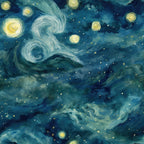 navy blue, teal, yellow, golden stars, swirling clouds, night sky, celestial, impressionist style, van gogh inspired, dreamy, flowing brushstrokes, luminous swirls, cosmic, ethereal,, fabric panel, starry night, atmospheric, artistic print, deep blues
