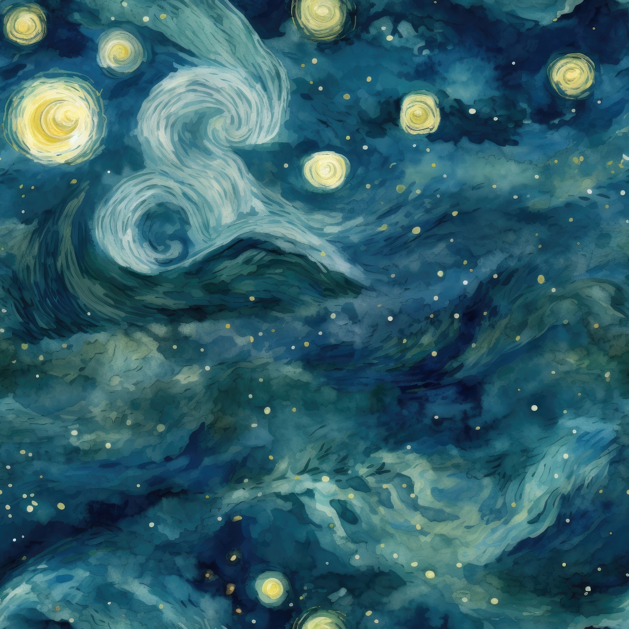 navy blue, teal, yellow, golden stars, swirling clouds, night sky, celestial, impressionist style, van gogh inspired, dreamy, flowing brushstrokes, luminous swirls, cosmic, ethereal,, fabric panel, starry night, atmospheric, artistic print, deep blues