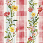coral pink, red, yellow, cream, white, light blue, gingham, plaid, striped, floral, daisies, cosmos, wildflowers, spring, summer, vintage, cottage core, farmhouse, garden, nature, botanical, traditional, whimsical, romantic, pastoral, country, cheerful, bright, colorful, daisy print