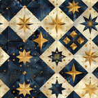 navy blue, cream, gold, baroque stars, celestial motifs, geometric patterns,, fabric panel, ornate design, starbursts, diamond shapes, cosmic theme, metallic accents, repeating blocks, intricate details, astronomy inspired, decorative stars, luxurious aesthetic, patchwork style