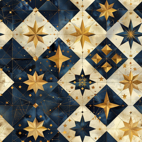 navy blue, cream, gold, baroque stars, celestial motifs, geometric patterns,, fabric panel, ornate design, starbursts, diamond shapes, cosmic theme, metallic accents, repeating blocks, intricate details, astronomy inspired, decorative stars, luxurious aesthetic, patchwork style