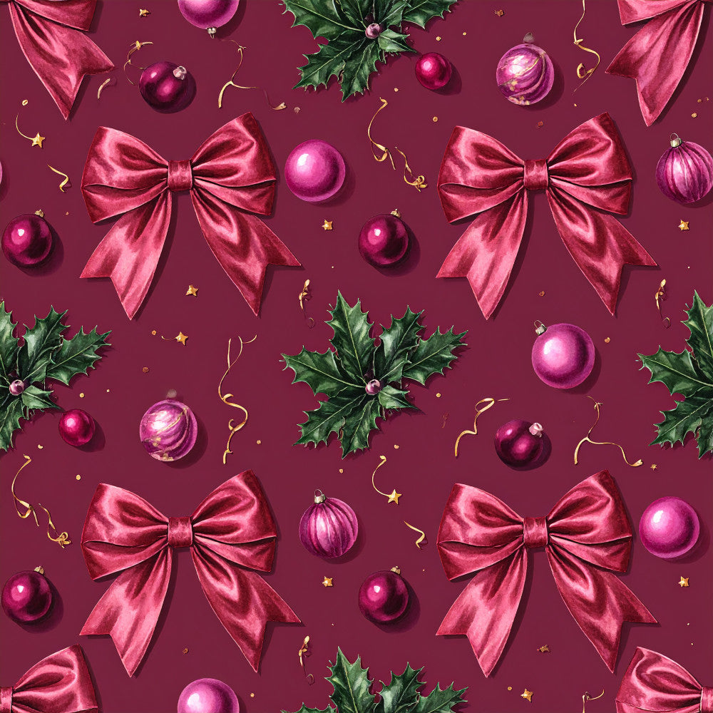 burgundy, magenta, deep pink, rose pink, metallic gold, jewel tones, christmas, holiday, festive, bows, ribbons, holly, baubles, ornaments, stars, elegant, luxurious, glamorous, sparkly, shimmer, traditional, seasonal, winter, gift wrap inspired, decorative, formal, sophisticated, celebration