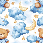 blue, teddy bear, baby boy, watercolor, clouds, crescent moon, stars, sleepy, peaceful, nursery theme,, fabric panel, brown bears, celestial, night sky, dreamy, soft pastels, children's pattern, whimsical, bedtime theme