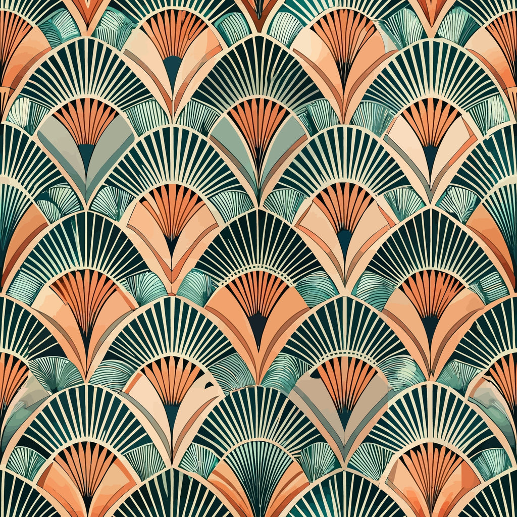 art deco, fan pattern, geometric design, teal, coral, peach, sage green, cream, repeating motifs, scalloped shapes, radiating lines, vintage style, ornamental, layered fans,, fabric panel, decorative pattern, overlapping semicircles, retro aesthetic, ornate details