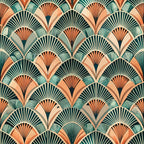 art deco, fan pattern, geometric design, teal, coral, peach, sage green, cream, repeating motifs, scalloped shapes, radiating lines, vintage style, ornamental, layered fans,, fabric panel, decorative pattern, overlapping semicircles, retro aesthetic, ornate details