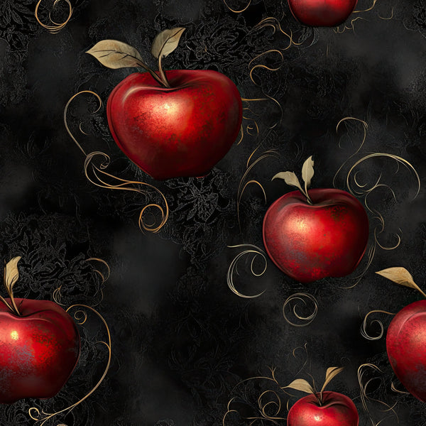 deep red, burgundy, black, gold, crimson, apples, fruit, ornate, elegant, luxurious, floral scrolls, victorian, damask, classic, sophisticated, botanical, nature-inspired, autumn, fall, decorative, metallic accents, rich jewel tones, traditional, ornamental vines, leaves, upscale, timeless, dramatic, dark academia, fairy tale