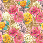 hot pink roses, gold glitter, cream roses, yellow roses, floral pattern, nature theme, botanical design, rose motifs, elegant style, whimsical style, modern floral, decorative leaves, teal accents, dark gray line art, pink background, luxury design, glamorous, spring flowers, summer garden, vibrant colors, metallic gold, romantic theme, garden florals, contemporary floral, nursery decor, playroom, kids room, girl's room, feminine design, colorful blooms