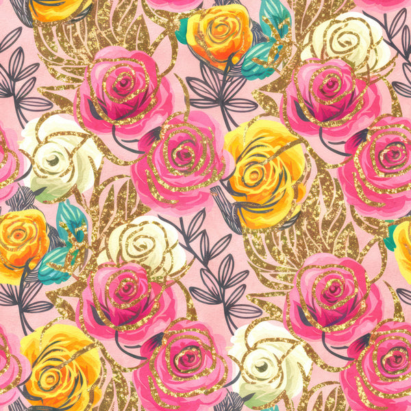hot pink roses, gold glitter, cream roses, yellow roses, floral pattern, nature theme, botanical design, rose motifs, elegant style, whimsical style, modern floral, decorative leaves, teal accents, dark gray line art, pink background, luxury design, glamorous, spring flowers, summer garden, vibrant colors, metallic gold, romantic theme, garden florals, contemporary floral, nursery decor, playroom, kids room, girl's room, feminine design, colorful blooms