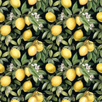 yellow lemons, citrus fruits, green leaves, white blossoms, black background, botanical pattern, repeating design, lemon branches, citrus flowers,, fabric panel, watercolor style, realistic fruits, garden motif, summer theme, bright yellow, deep green, floral elements, fruit illustration, nature pattern