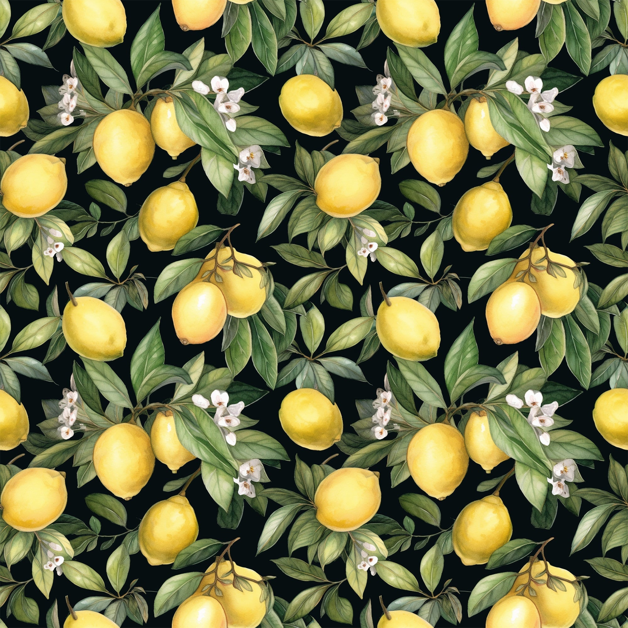 yellow lemons, citrus fruits, green leaves, white blossoms, black background, botanical pattern, repeating design, lemon branches, citrus flowers,, fabric panel, watercolor style, realistic fruits, garden motif, summer theme, bright yellow, deep green, floral elements, fruit illustration, nature pattern