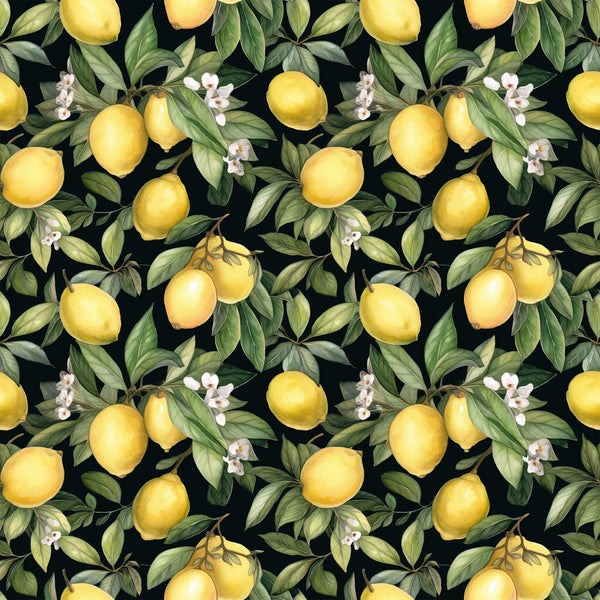 yellow lemons, citrus fruits, green leaves, white blossoms, black background, botanical pattern, repeating design, lemon branches, citrus flowers,, fabric panel, watercolor style, realistic fruits, garden motif, summer theme, bright yellow, deep green, floral elements, fruit illustration, nature pattern