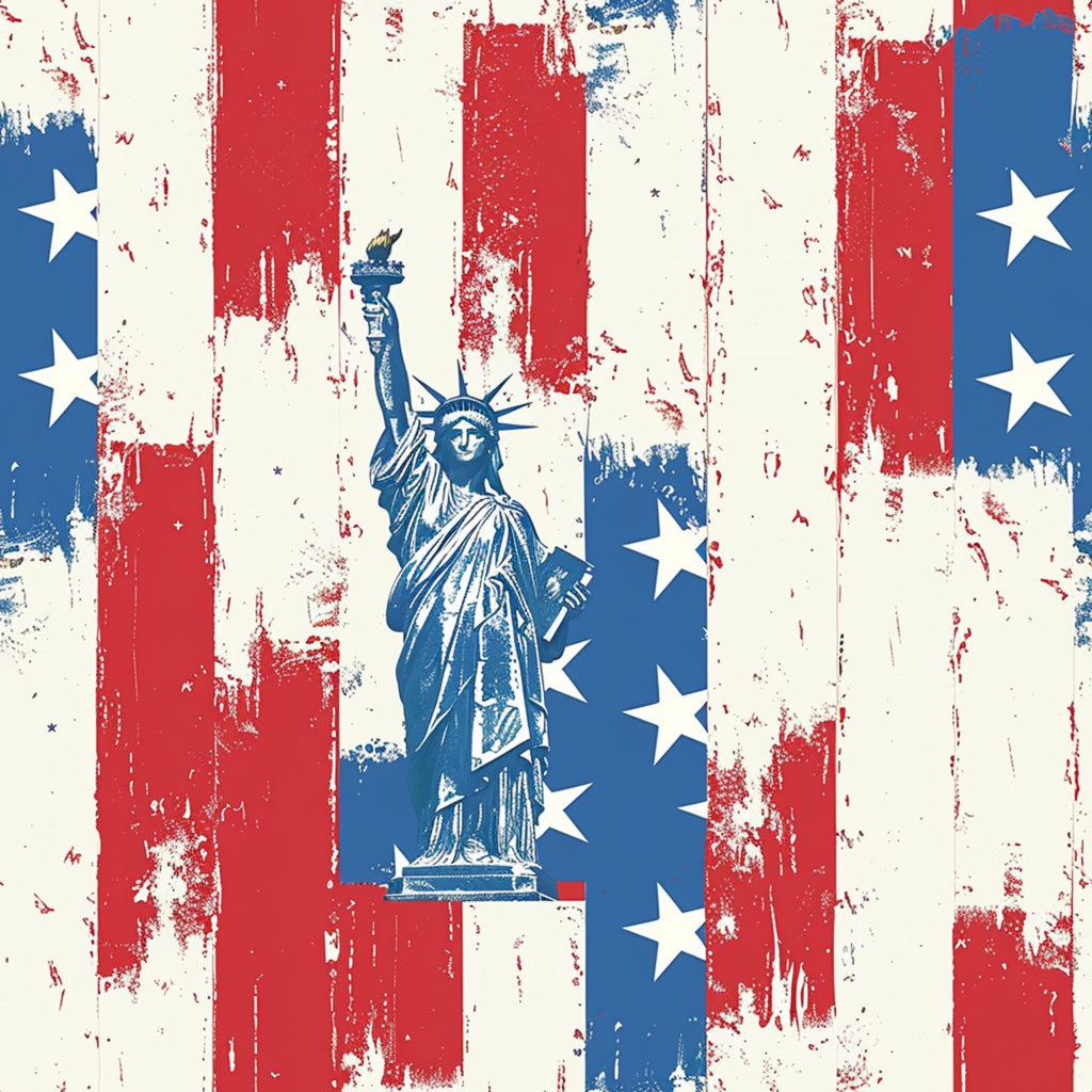 red, white, blue, patriotic stripes, statue of liberty, white stars, distressed texture, weathered look, vintage americana, grunge effect,, fabric panel, independence day, fourth of july, liberty torch, crown spikes, vertical stripes, aged appearance, freedom symbol, cotton fabric