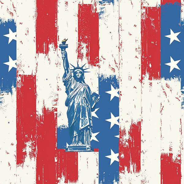 red, white, blue, patriotic stripes, statue of liberty, white stars, distressed texture, weathered look, vintage americana, grunge effect,, fabric panel, independence day, fourth of july, liberty torch, crown spikes, vertical stripes, aged appearance, freedom symbol, cotton fabric