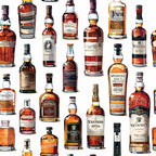 whiskey bottles, amber, brown, golden, orange, glass bottles, scottish whisky, alcohol collection, vintage bottles,, fabric panel, realistic illustration, beverage pattern, bottle shapes, liquid amber, distillery theme, spirits collection, detailed artwork, repeating pattern, crafting fabric