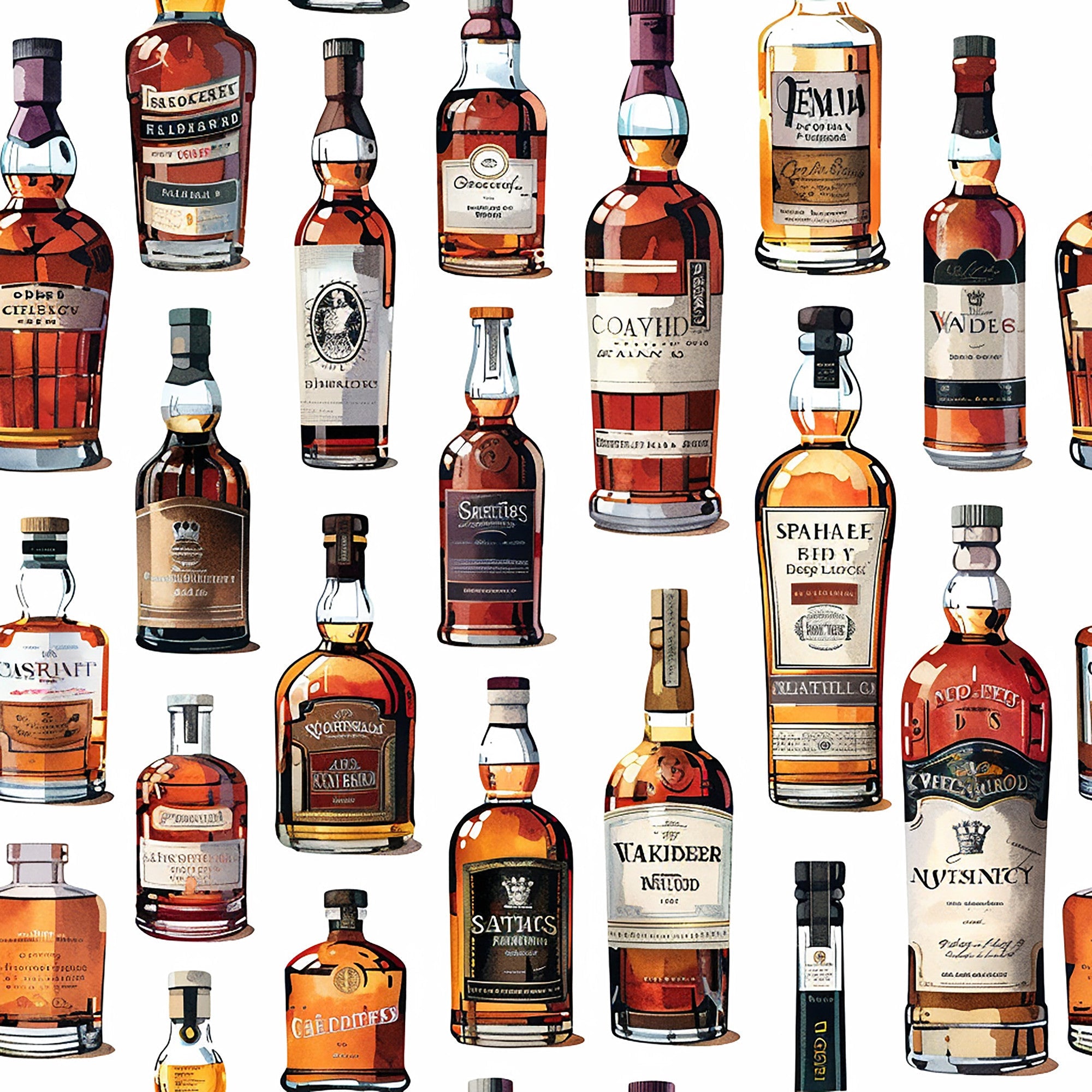 whiskey bottles, amber, brown, golden, orange, glass bottles, scottish whisky, alcohol collection, vintage bottles,, fabric panel, realistic illustration, beverage pattern, bottle shapes, liquid amber, distillery theme, spirits collection, detailed artwork, repeating pattern, crafting fabric