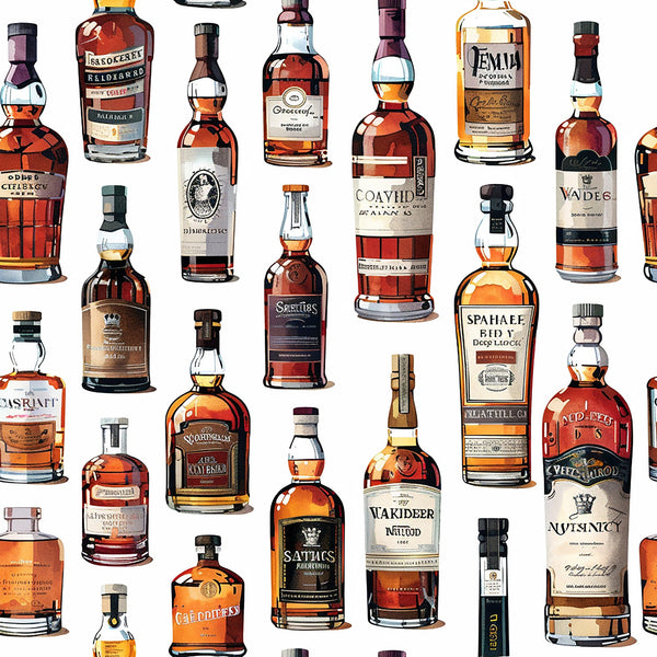 whiskey bottles, amber, brown, golden, orange, glass bottles, scottish whisky, alcohol collection, vintage bottles,, fabric panel, realistic illustration, beverage pattern, bottle shapes, liquid amber, distillery theme, spirits collection, detailed artwork, repeating pattern, crafting fabric