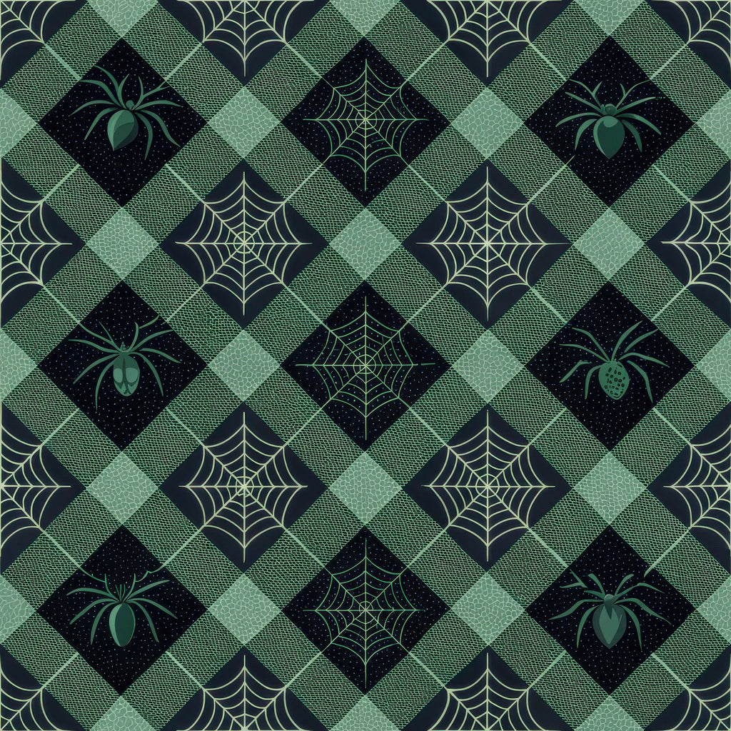 halloween fabric,, fabric panel, gingham pattern, diamond grid, spider motifs, spiderweb designs, green tones, sage green, forest green, black accents, geometric layout, autumn crafting, seasonal sewing, halloween quilting, spooky elements, checkered background, repeating pattern, cotton fabric, halloween decor