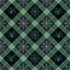 halloween fabric,, fabric panel, gingham pattern, diamond grid, spider motifs, spiderweb designs, green tones, sage green, forest green, black accents, geometric layout, autumn crafting, seasonal sewing, halloween quilting, spooky elements, checkered background, repeating pattern, cotton fabric, halloween decor